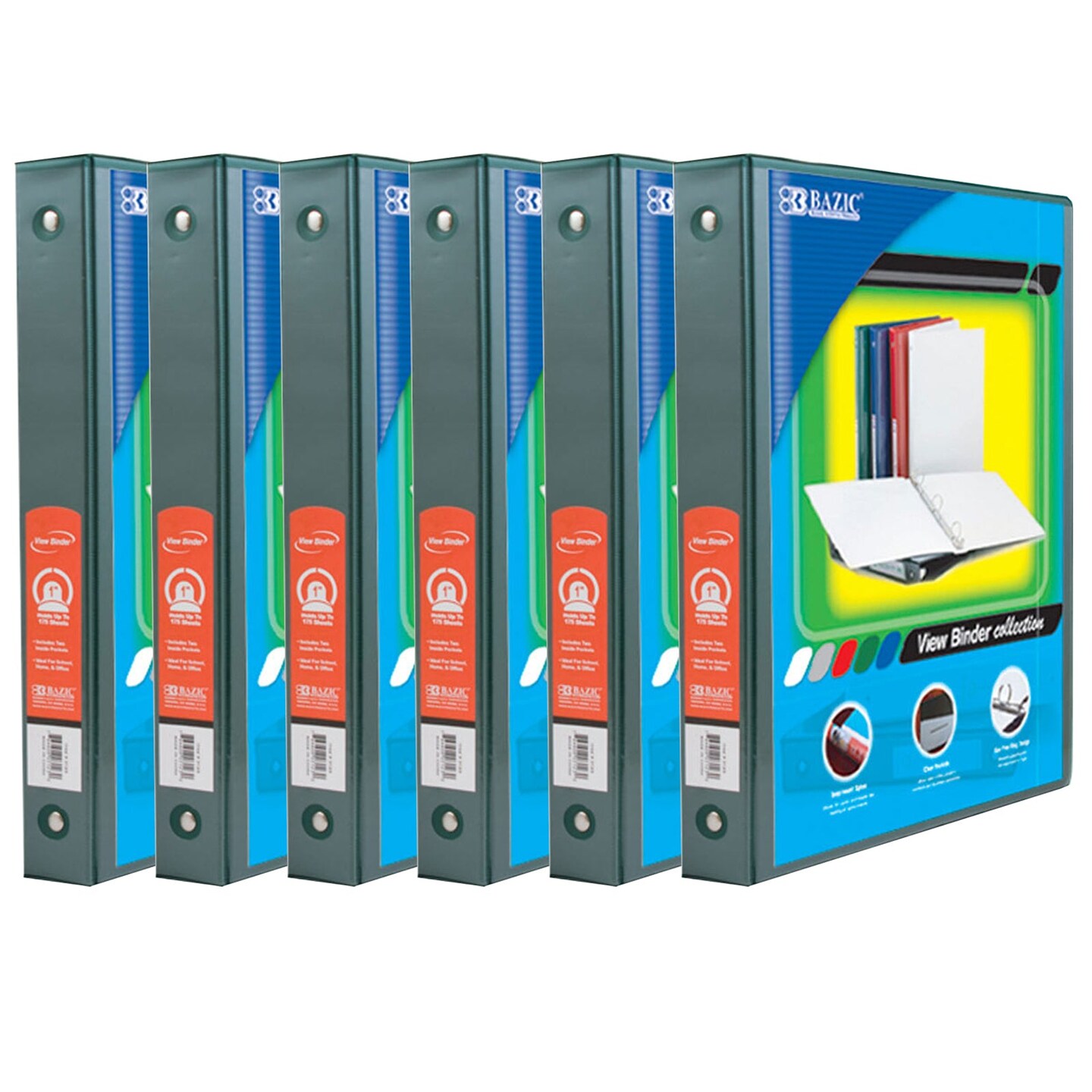 3-Ring View Binder with 2 Pockets, 1&#x22;, Green, Pack of 6