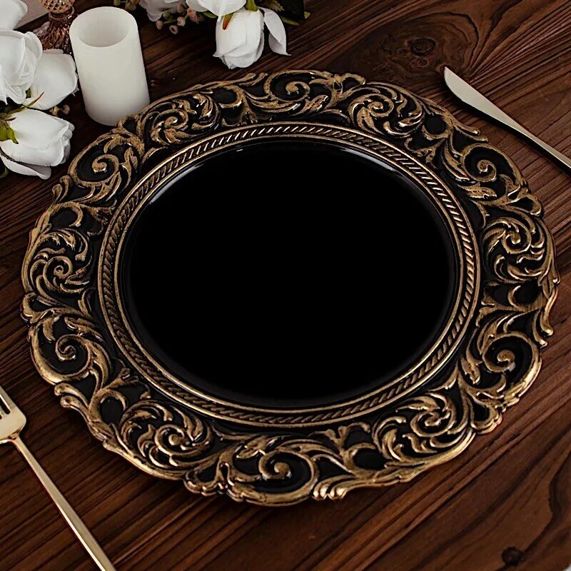 6 Black Gold 14&#x22; Round Baroque Metallic Charger Plates