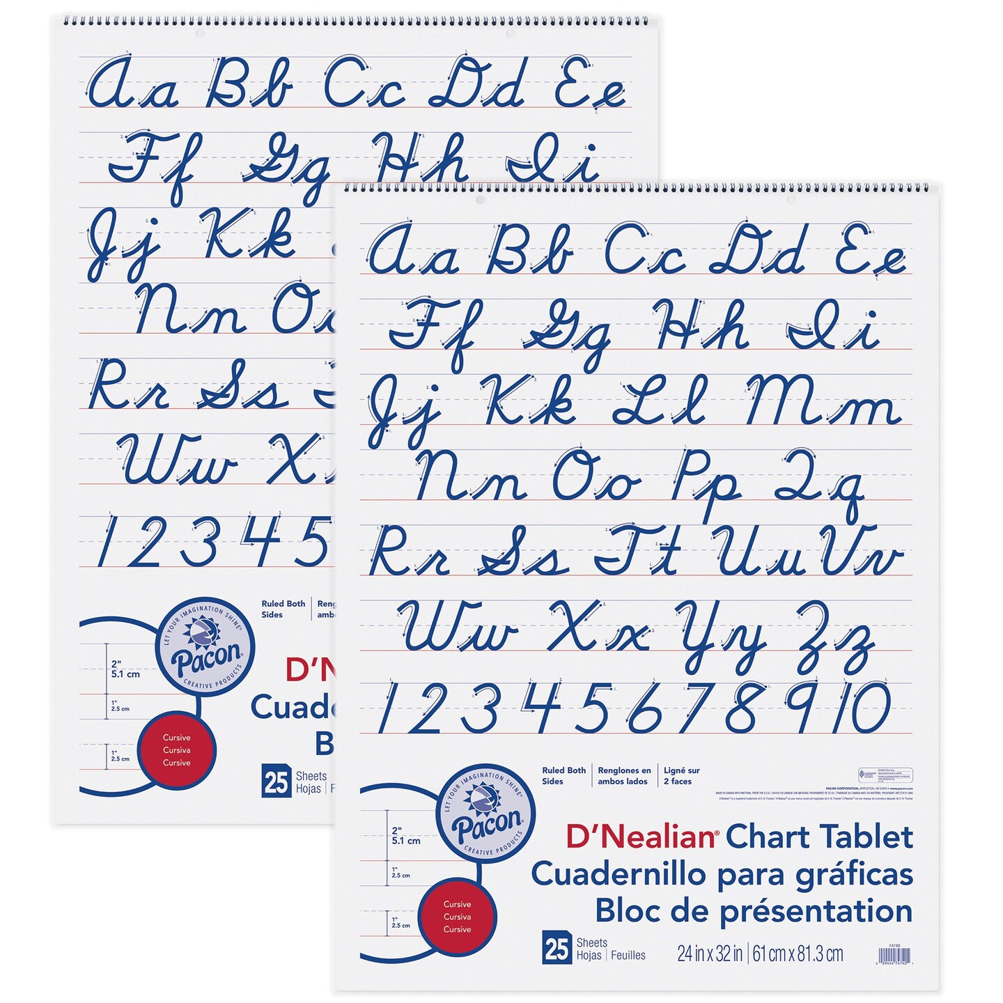 D&#x27;Nealian Chart Tablet, Cursive Cover, 2&#x22; Ruled, 24&#x22; x 32&#x22;, 25 Sheets, Pack of 2
