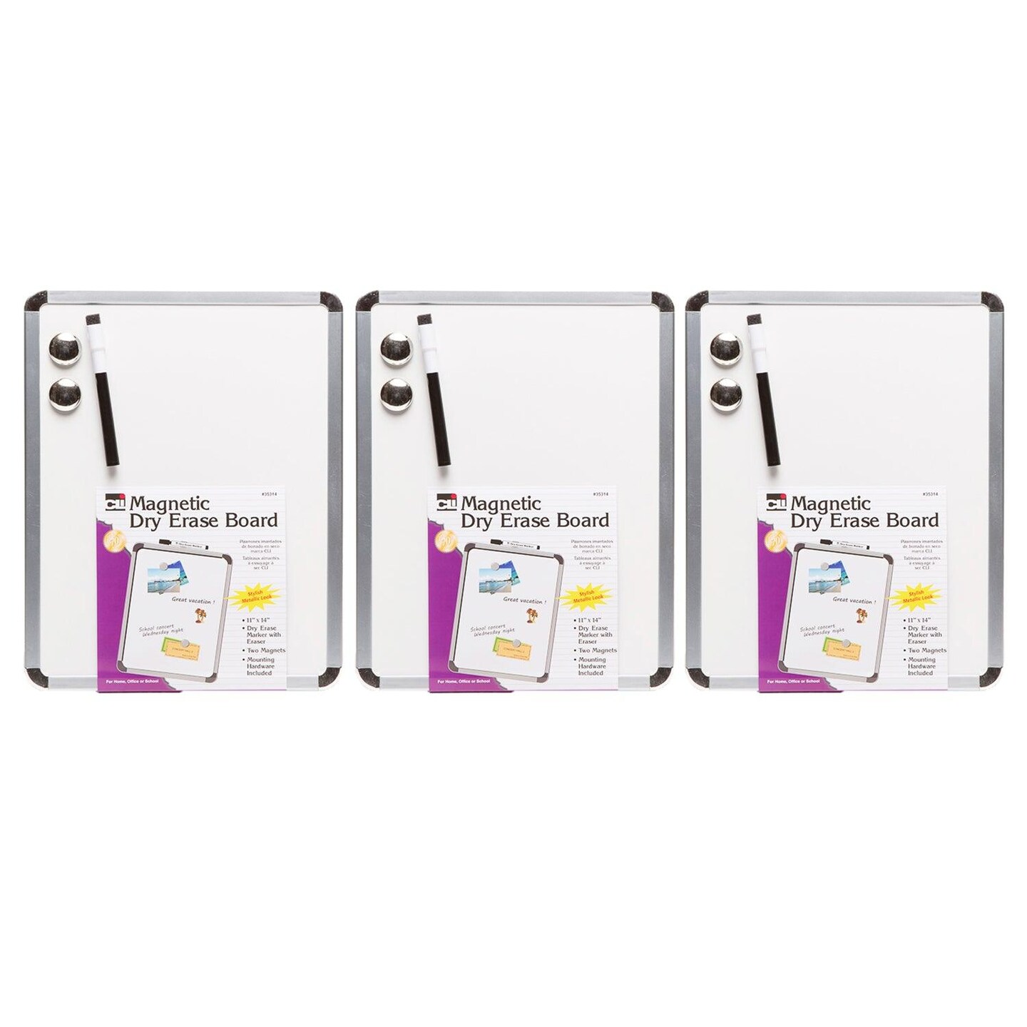 Framed Magnetic Dry Erase Board with Marker &#x26; Magnets, Silver Frame, 11&#x22; x 14&#x22;, Pack of 3