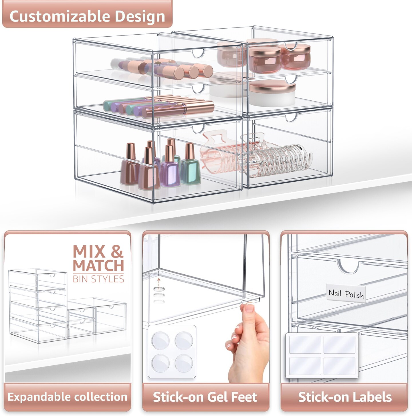 Sorbus 3 Drawers Acrylic Organizer for Makeup, Organization and Storage, Art Supplies, Jewelry, Stationary - 4 Pcs Clear Stackable Storage Drawers
