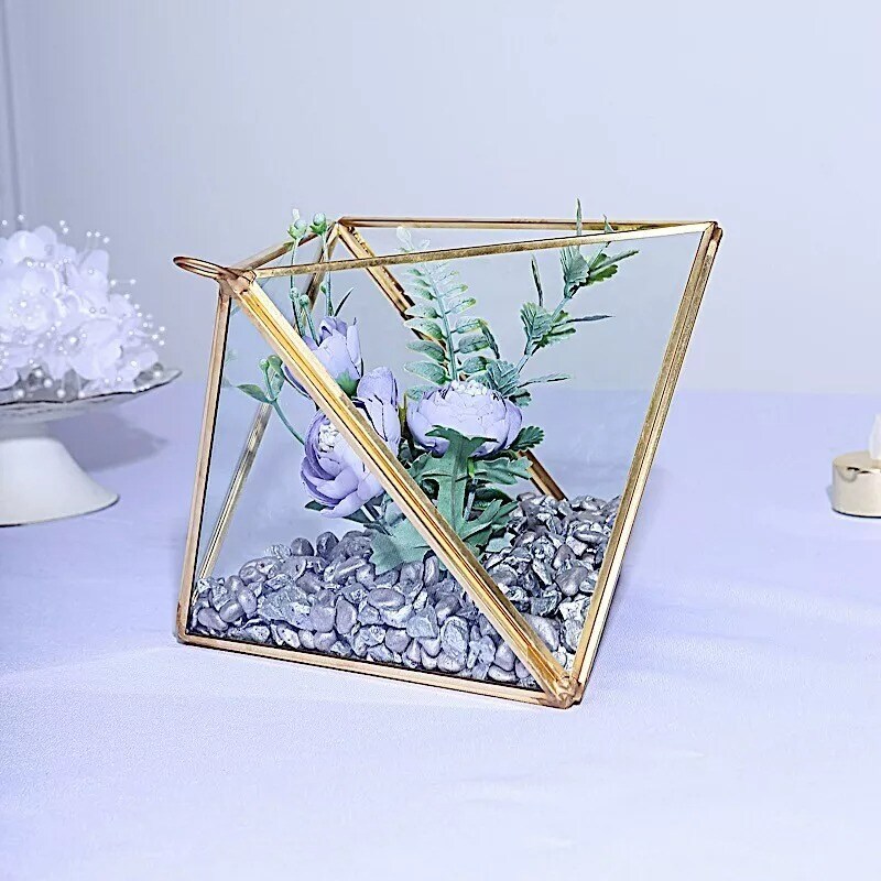 CLEAR GOLD 9&#x22; tall Geometric GLASS TERRARIUM VASE Metal Frame
