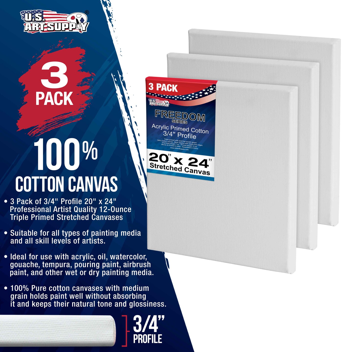 20 x 24 inch Stretched Canvas 12-Ounce Triple Primed, 3-Pack - Professional Artist Quality White Blank 3/4&#x22; Profile, 100% Cotton, Heavy-Weight Gesso