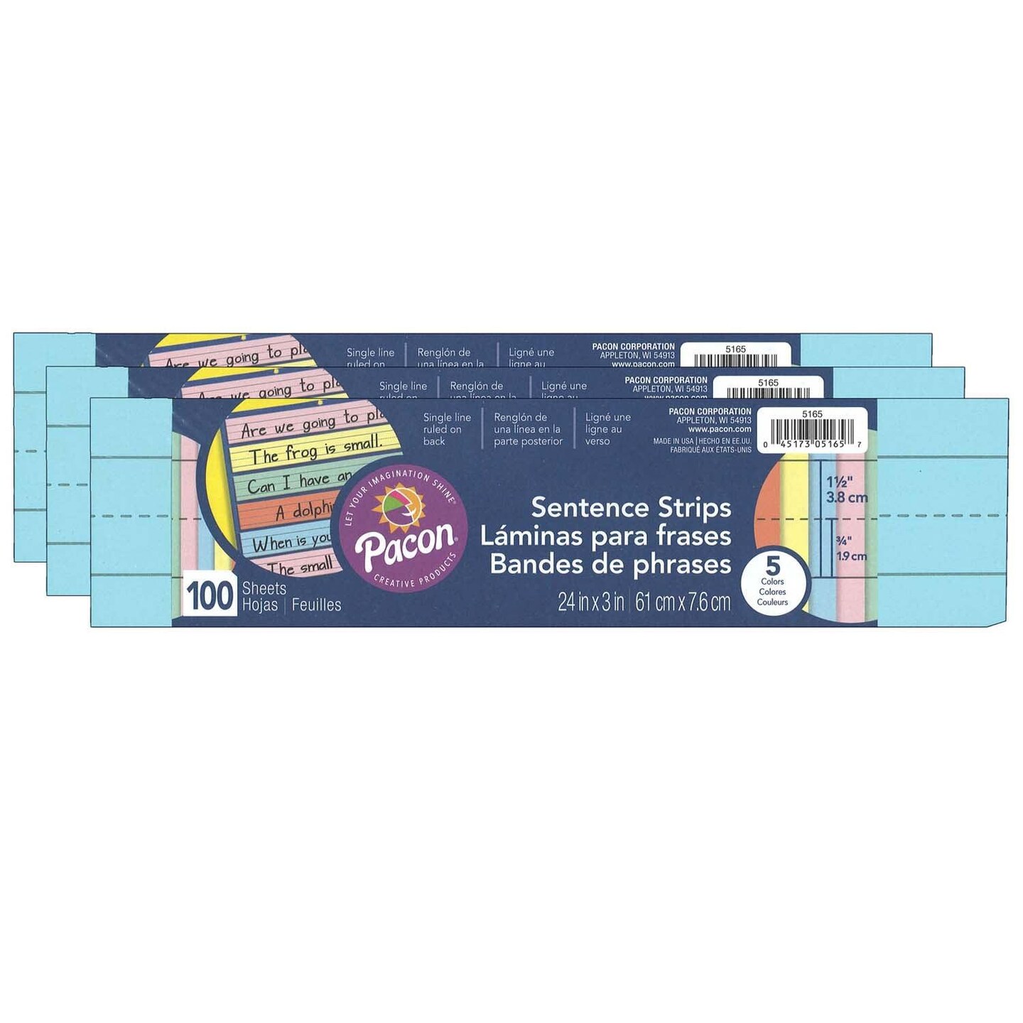 Sentence Strips, 5 Assorted Colors, 1-1/2&#x22; Ruled, 3&#x22; x 24&#x22;, 100 Strips Per Pack, 3 Packs