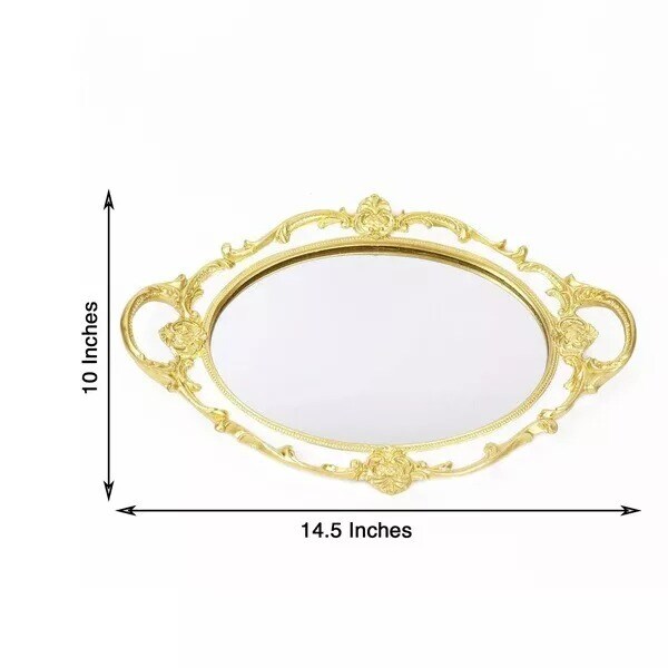 14&#x22;x10&#x22; WHITE GOLD Metallic Oval Mirror SERVING TRAY Handles