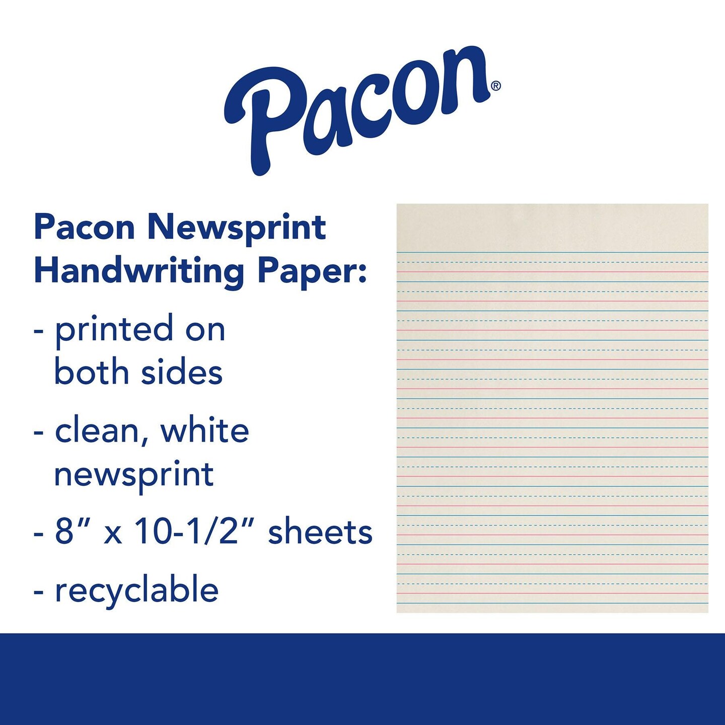 Newsprint Handwriting Paper, Dotted Midline, Grade 2, 1/2&#x22; x 1/4&#x22; x 1/4&#x22; Ruled Short, 8&#x22; x 10-1/2&#x22;, 500 Sheets Per Pack, 3 Packs