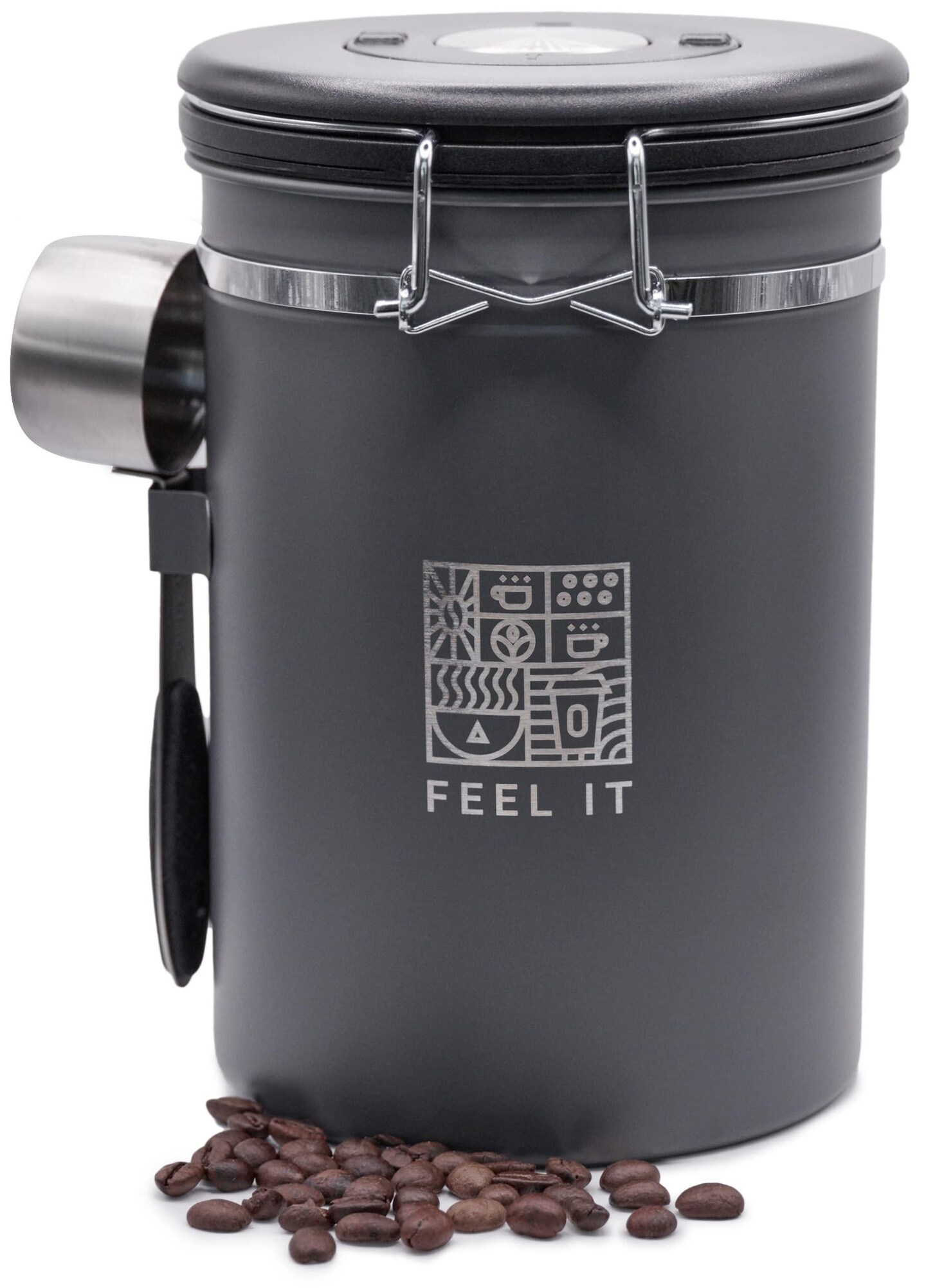 Alpaca Stainless Steel Coffee Canister   21oz Airtight Kitchen Food Storage Container with Date Tracker CO2 Release Valve and Measuring Scoop For Ground Coffee Beans Tea Sugar Large (Gray)
