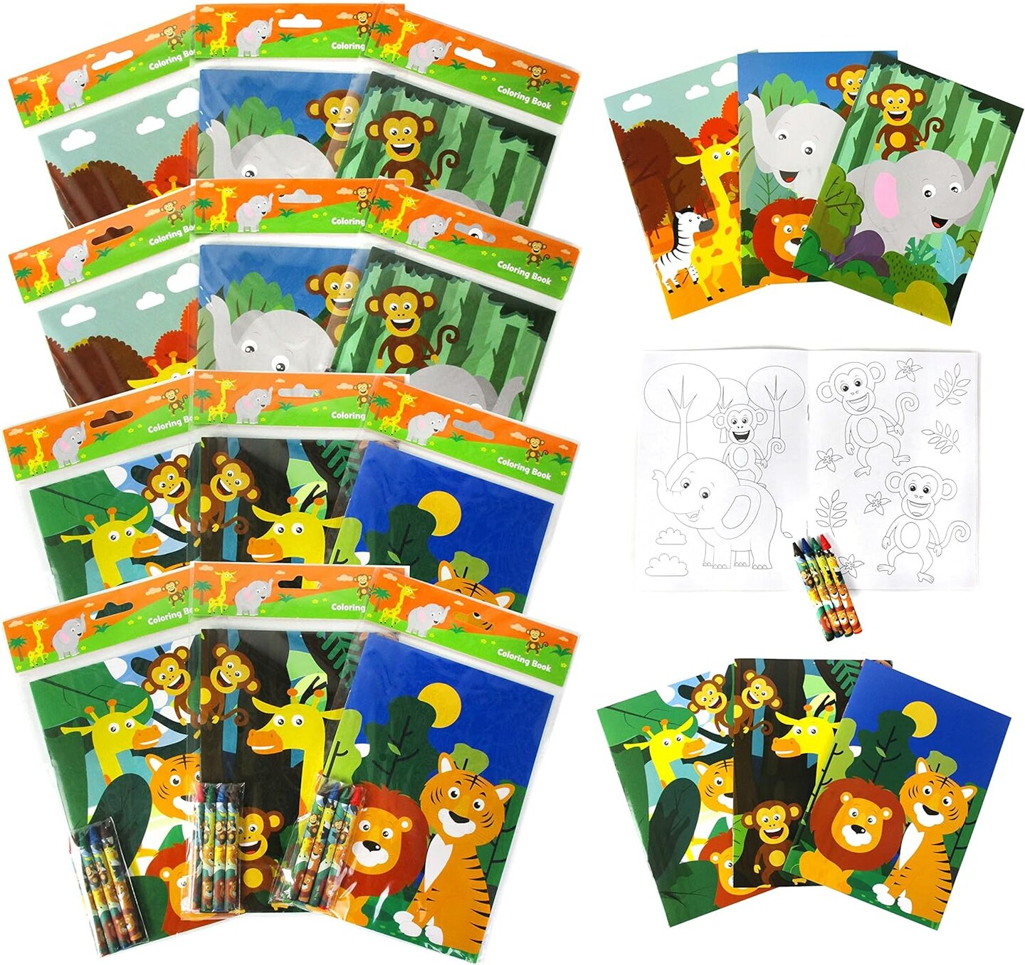 TINYMILLS Safari Zoo Animals Coloring Book for Kids with 12 Coloring Books and 48 Crayons Jungle Book Birthday Party Favors