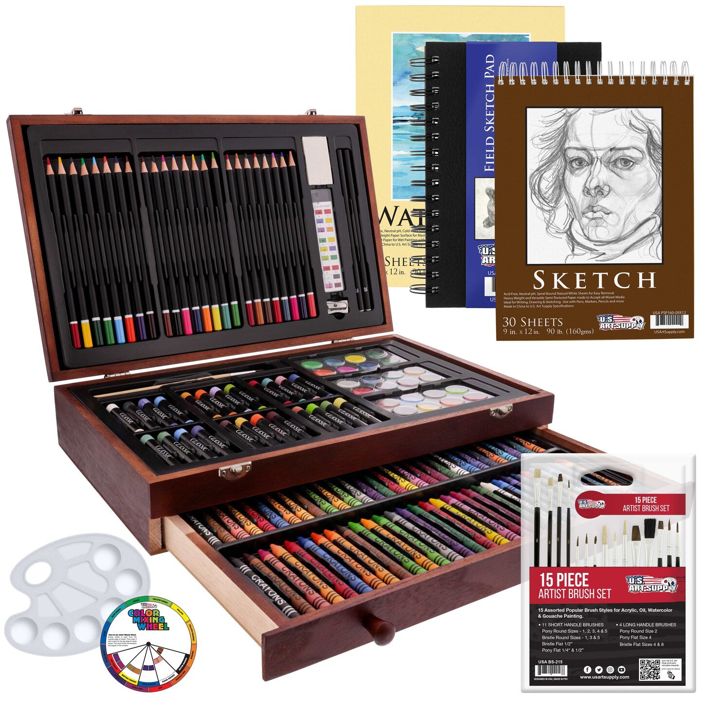 U.S. Art Supply 162-Piece Deluxe Mega Wood Box Art Painting &#x26; Drawing Set - Artist Painting Pad, 2 Sketch Pads, Watercolors, Colored Pencils, Crayons
