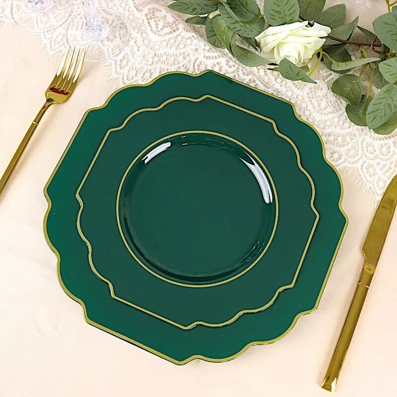 10 HUNTER GREEN 12" Baroque PLASTIC DINNER PLATES with Gold Rim