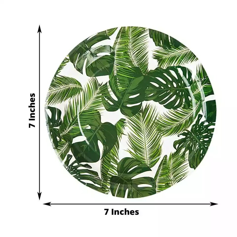 25 WHITE 7&#x22; Round Paper Plates with TROPICAL Leaves Design