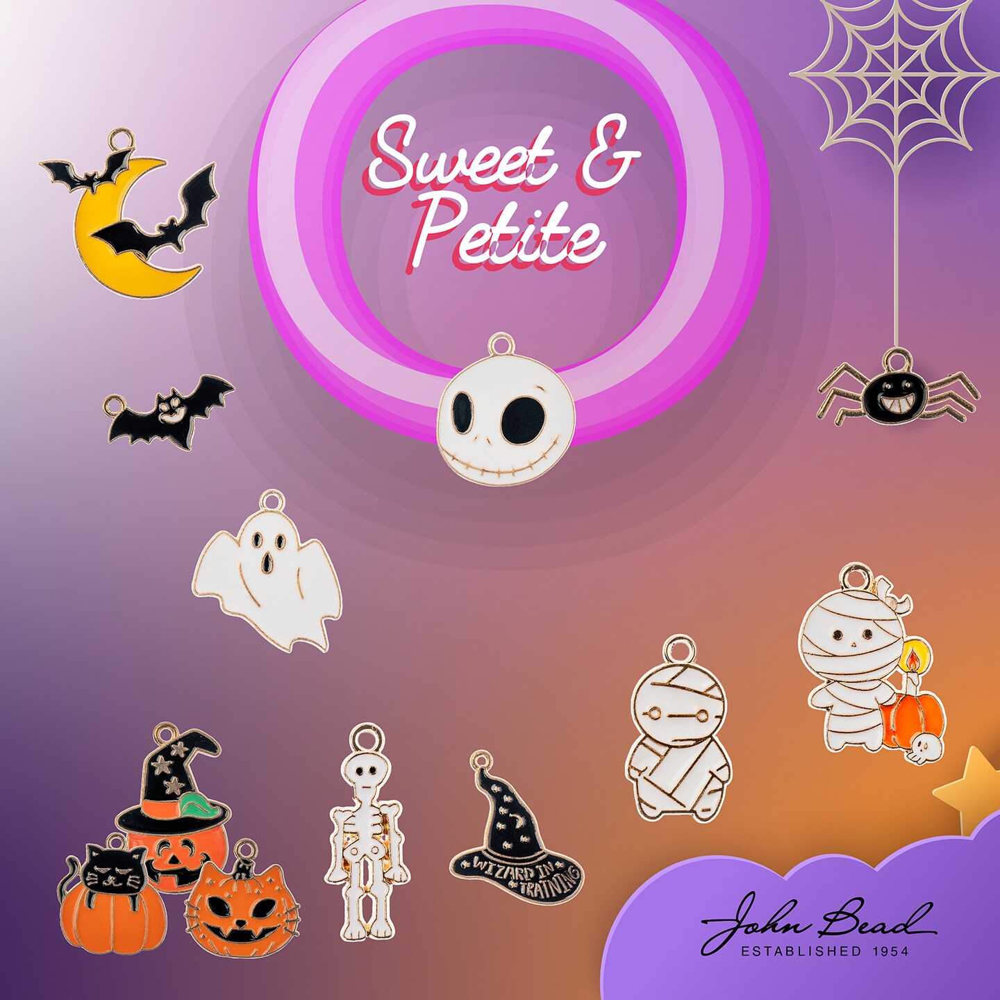 John Bead Sweet & Petite Bats and Moon Halloween Charms, 6pcs