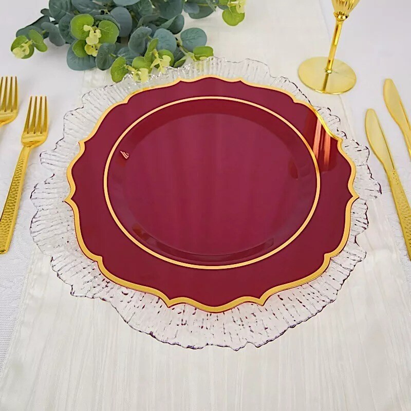 10 BURGUNDY 10.5" Round Plastic Dinner Plates GOLD Scalloped Rim