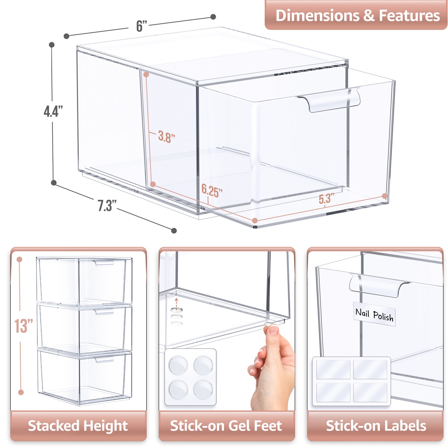 Sorbus 3 Pack Clear Stackable Acrylic Drawer Makeup Organizers - for Vanity, Bathroom, Under Sink, Cabinets, Jewelry, and More