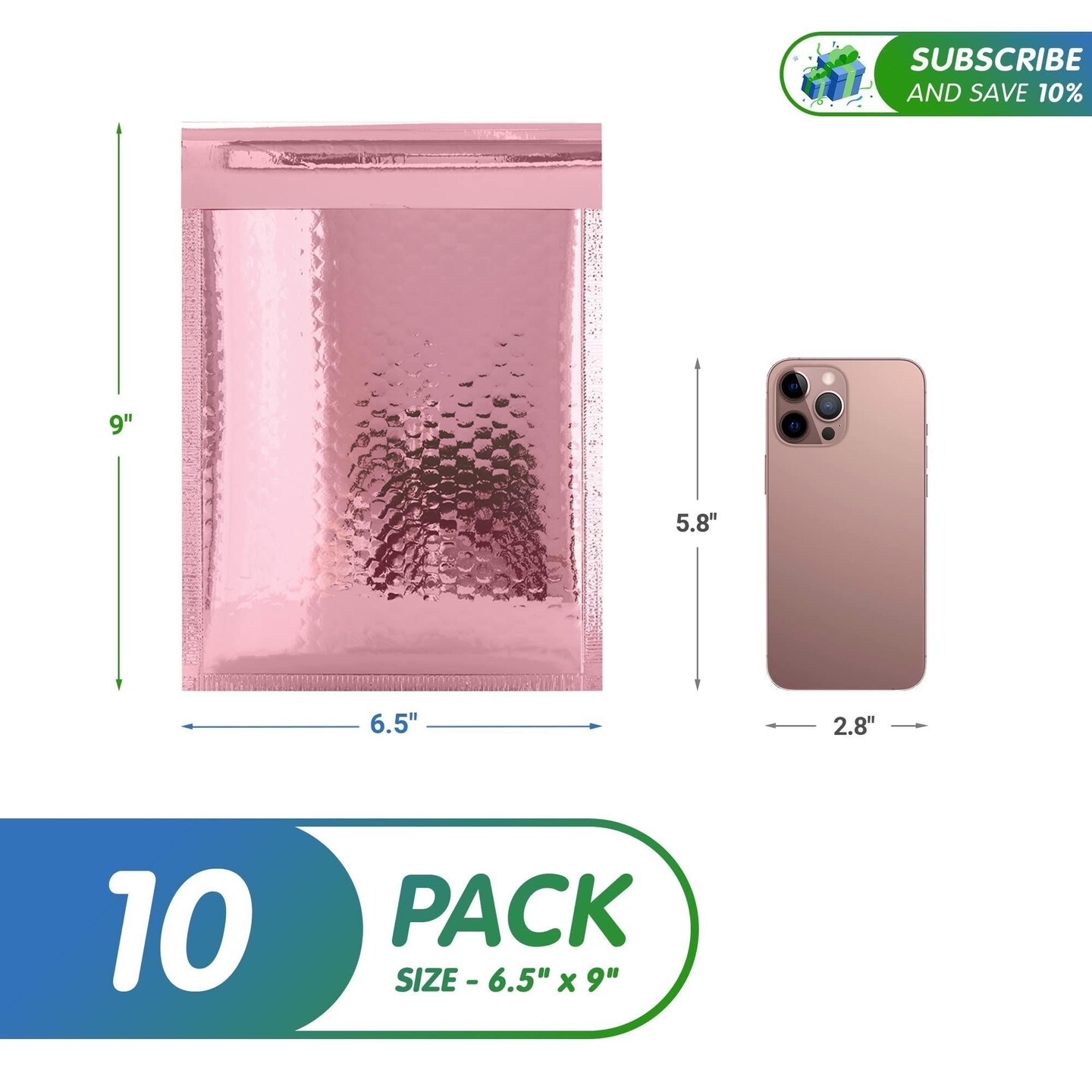 Rose Gold Bubble Mailers 6.5 x 9 Pack of 10 Padded Cushion Mailing Envelopes 6 1/2 x 9 Shipping Bags with Peel and Seal Glamour Pink Metallic Foiled Bag for Mailing Packing