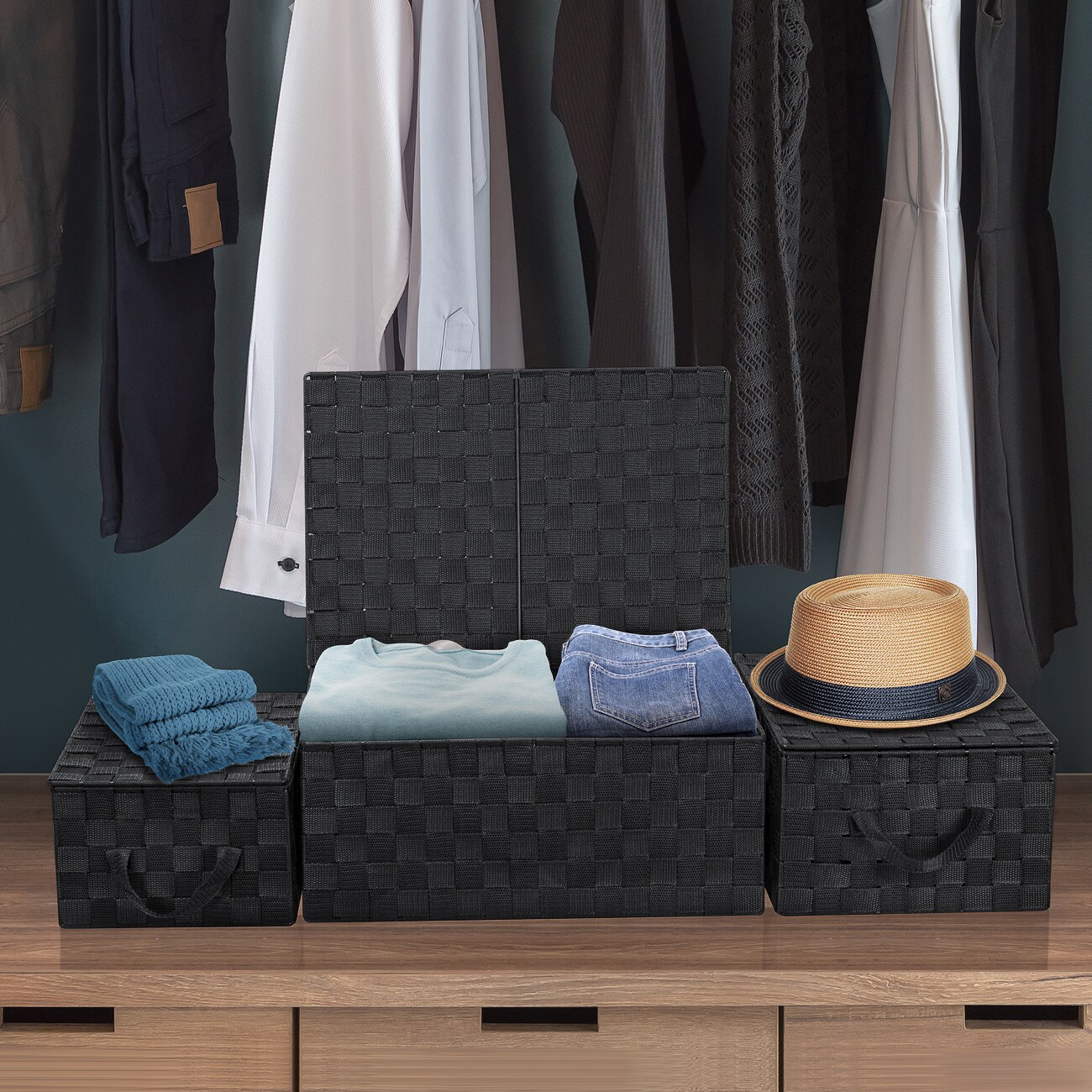 Sorbus 3 Pack Decorative Stackable Woven Basket with Lid and Built-in Rope Carry Handles - Great for Storage and Organization (Black)