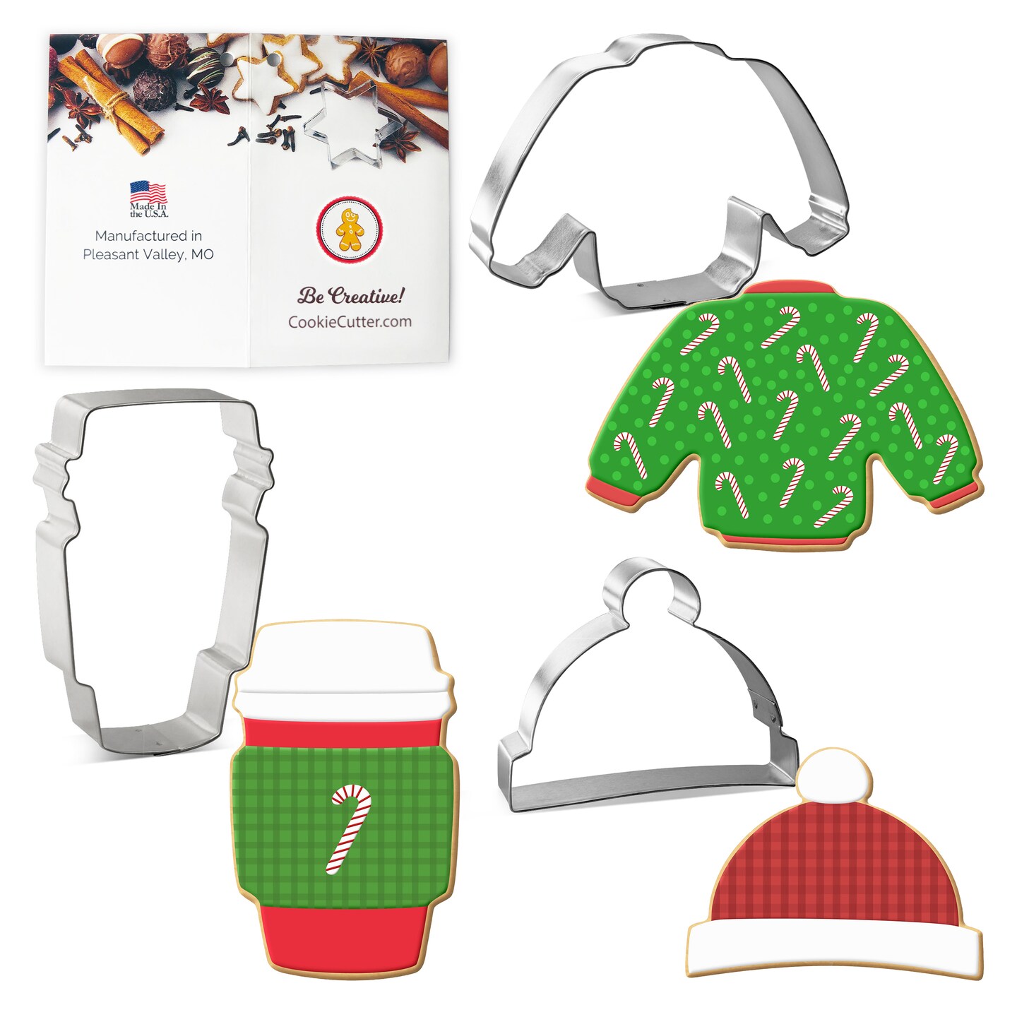 CookieCutter.com Winter 3 Piece Cookie Cutters Set, Sweater, Cap, Latte Cup, Tin Plate Steel, USA