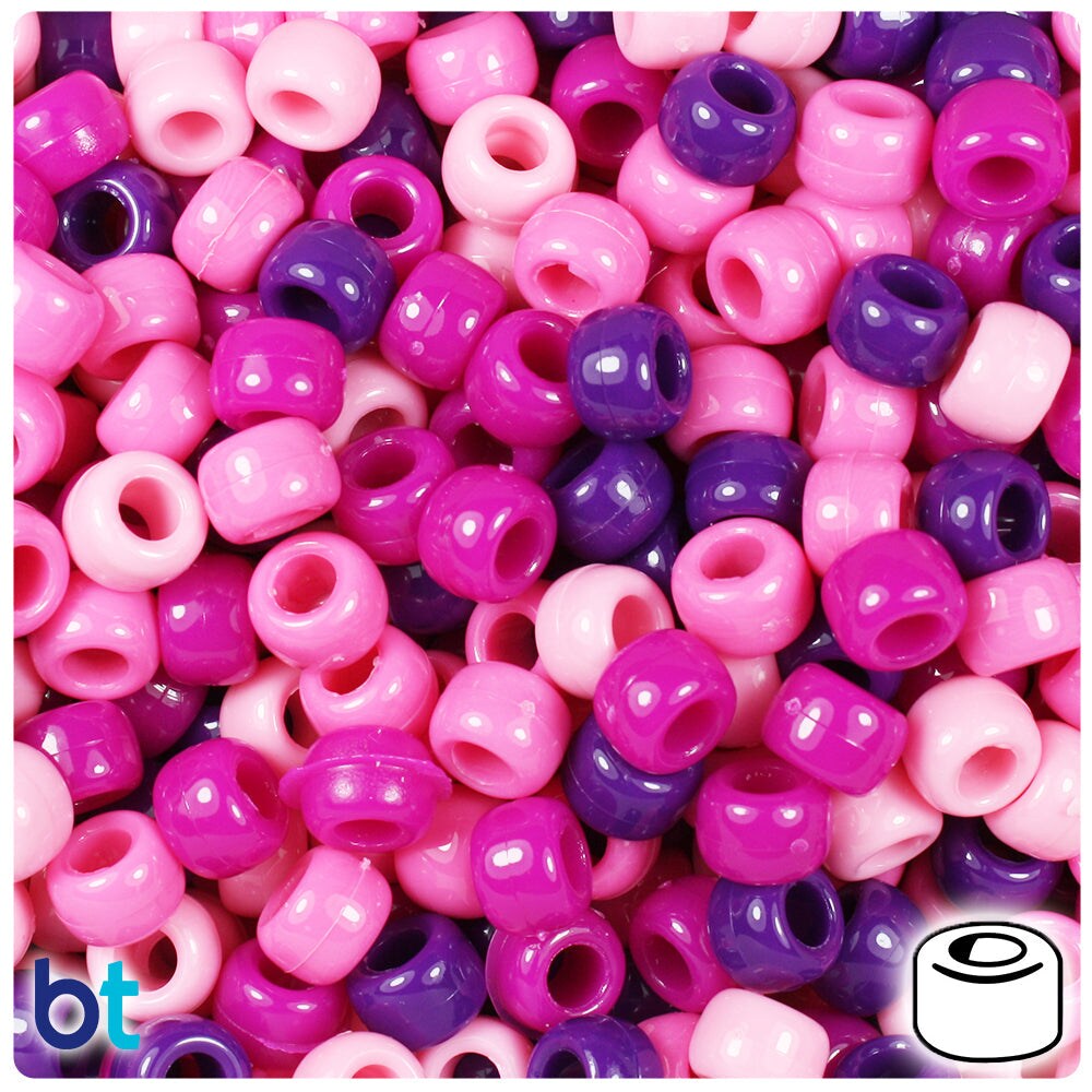 BeadTin Pink & Purple Mix Opaque 9mm Barrel Plastic Pony Beads (500pcs)