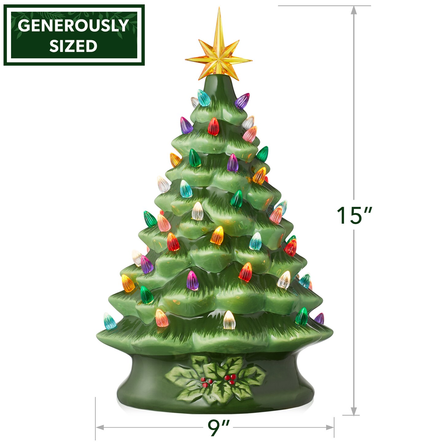 Casafield Hand Painted Ceramic Christmas Tree, Green 15-Inch Pre-Lit Tree with 128 Multi Color Lights and 2 Star Toppers