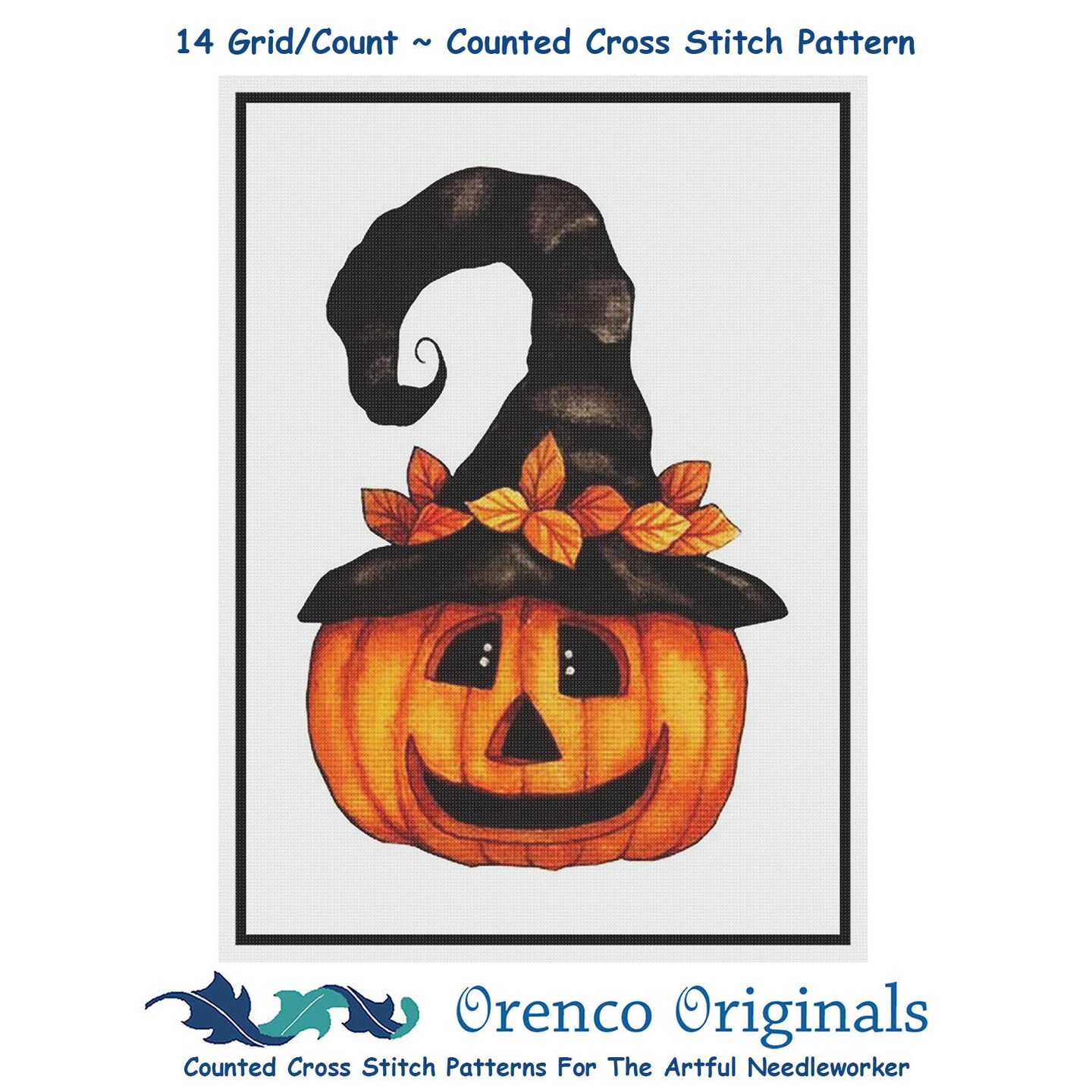 Folk Art Pumpkin in Witch Hat Halloween Counted Cross Stitch Pattern