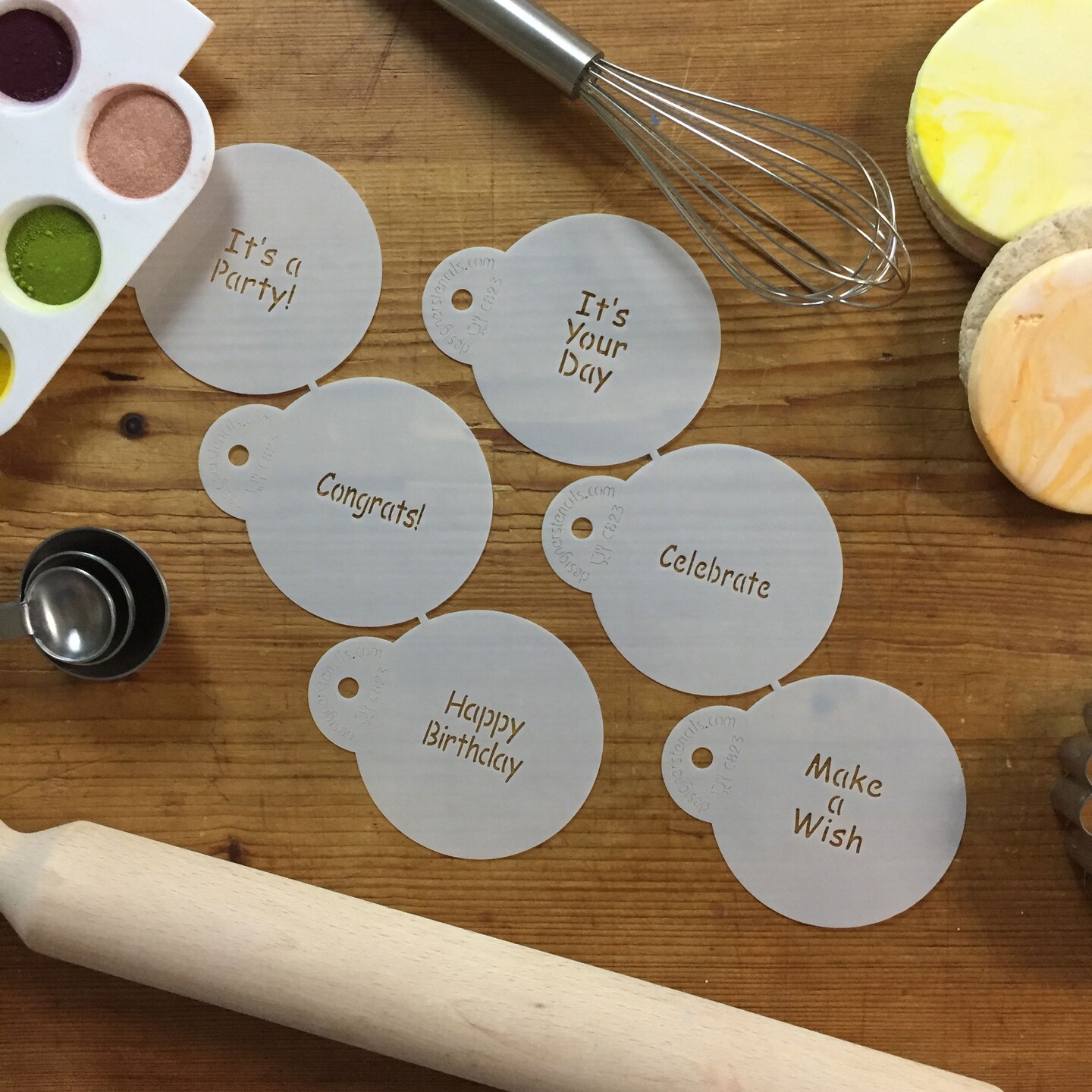 It&#x27;s a Party Cookie Stencil Set: Happy Birthday, Congrats, It&#x27;s a Party, Make a Wish, Celebrate | C823 by Designer Stencils | Cookie Decorating Tools | Baking Stencils for Royal Icing, Airbrush, Dusting Powder | Reusable Food Grade Stencil