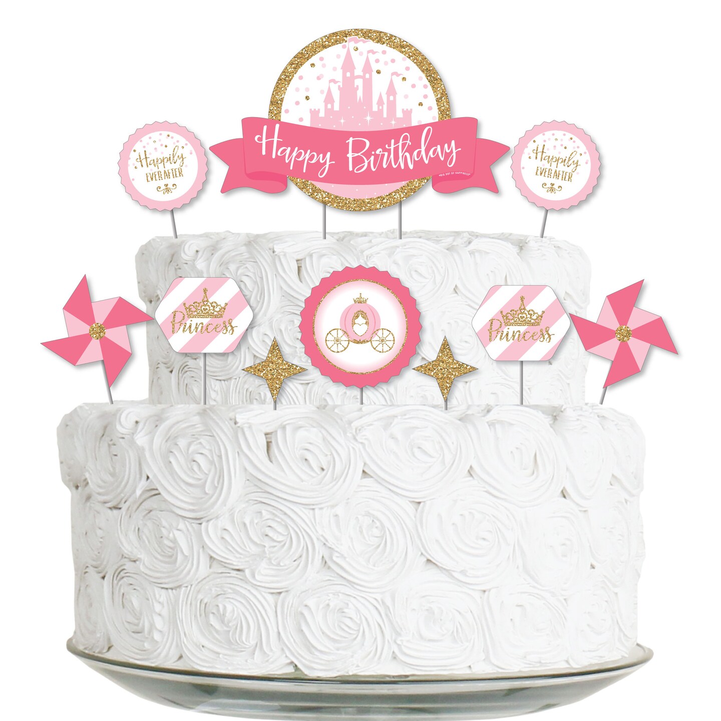 Big Dot of Happiness Little Princess Crown - Pink and Gold Princess Birthday Party Cake Decorating Kit - Happy Birthday Cake Topper Set - 11 Pieces
