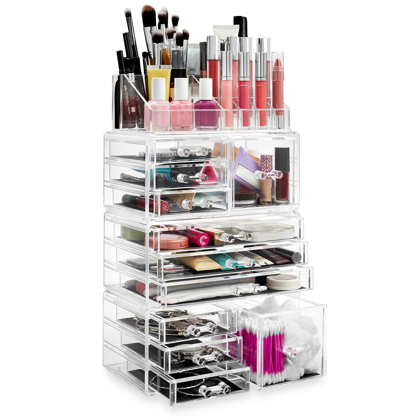Casafield Acrylic Cosmetic Makeup Organizer &#x26; Jewelry Storage Display Case - Large 16 Slot, 2 Box &#x26; 9 Drawer Set - Clear