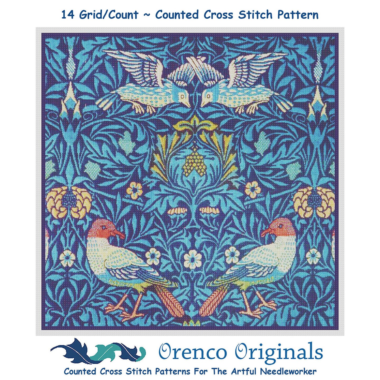 William Morris 4 Birds in Blues Counted Cross Stitch Chart Pattern