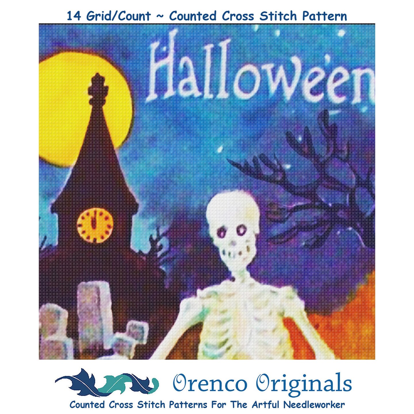 Halloween Skeleton Full Moon Detail Counted Cross Stitch Pattern