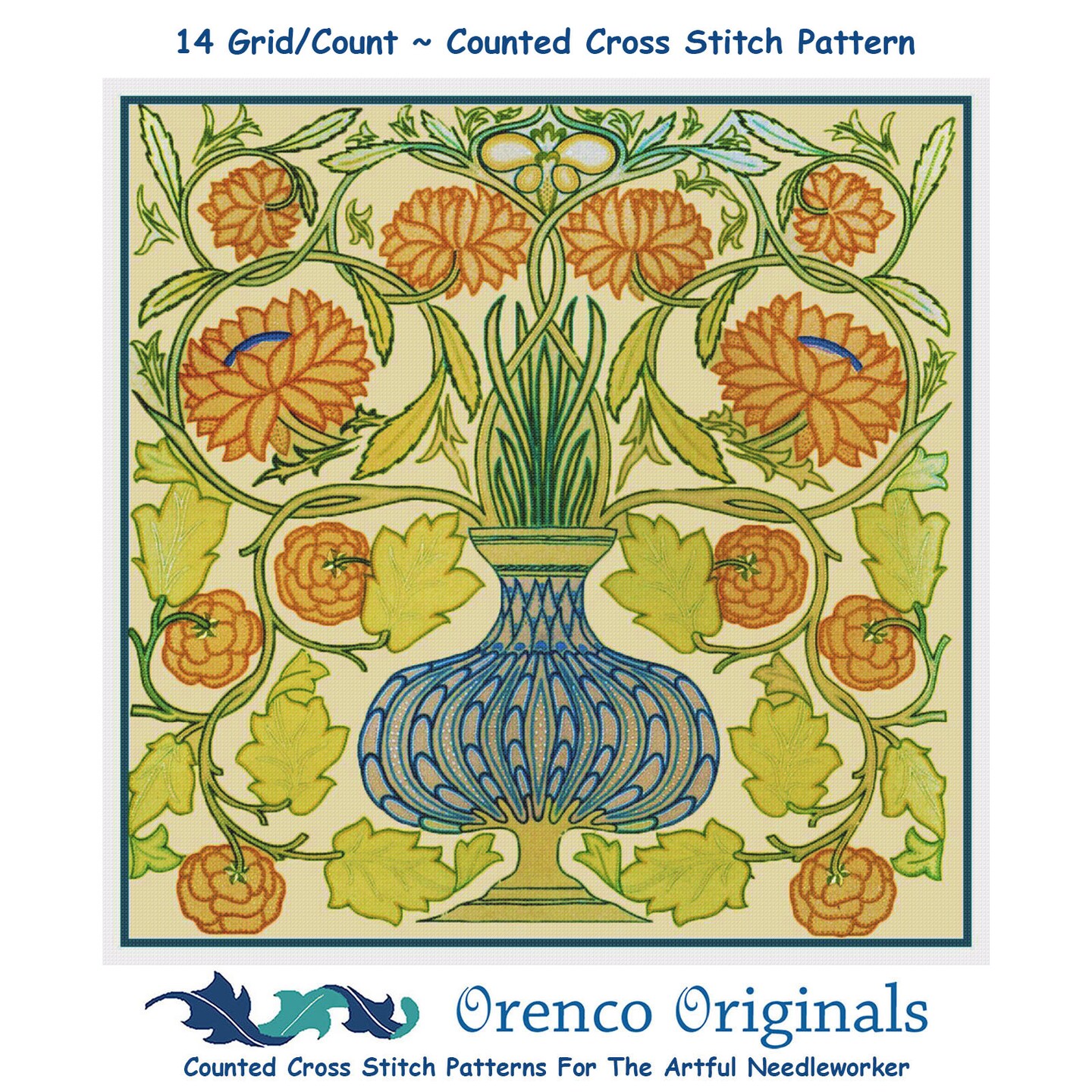 The Dahlia Pot inspired by a William Morris Embroidery Counted Cross Stitch Pattern