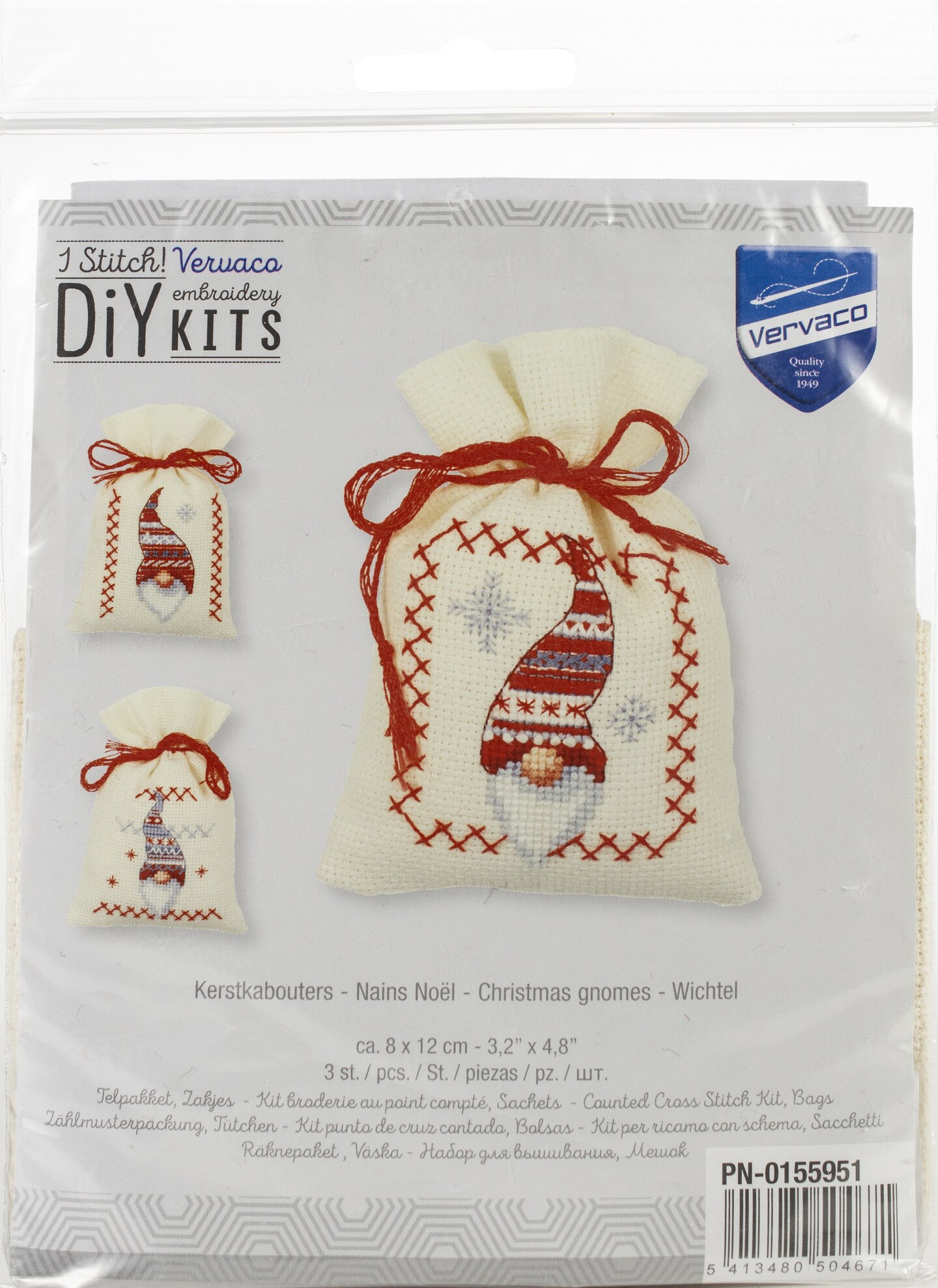 Vervaco Counted Cross Stitch Sachet Bags Kit 3.2"X4.8" 3/PkgChristmas Gnomes On Aida (18 Count