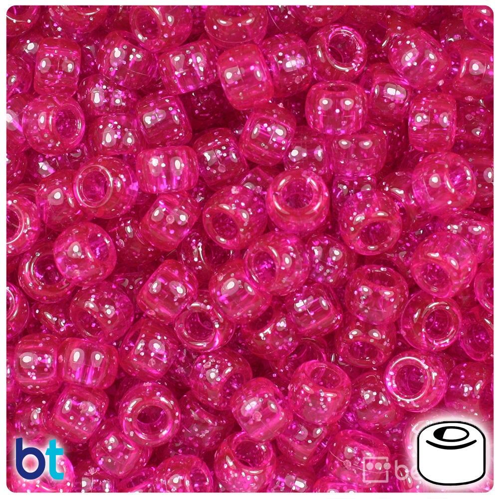 BeadTin Bright Pink Sparkle 9mm Barrel Plastic Pony Beads (500pcs)