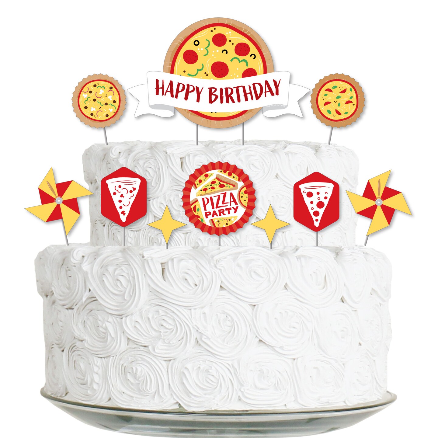 Big Dot of Happiness Pizza Party Time - Birthday Party Cake Decorating Kit - Happy Birthday Cake Topper Set - 11 Pieces