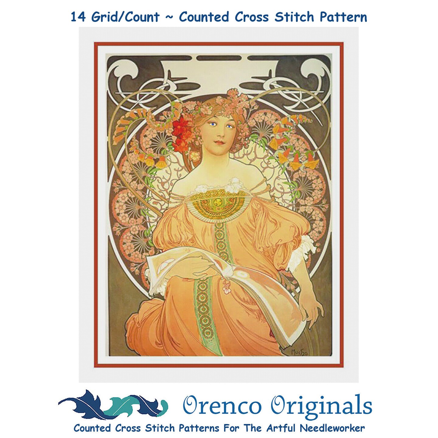 Art Nouveau Artist Alphonse Mucha&#x27;s Reverie Counted Cross Stitch Chart Pattern