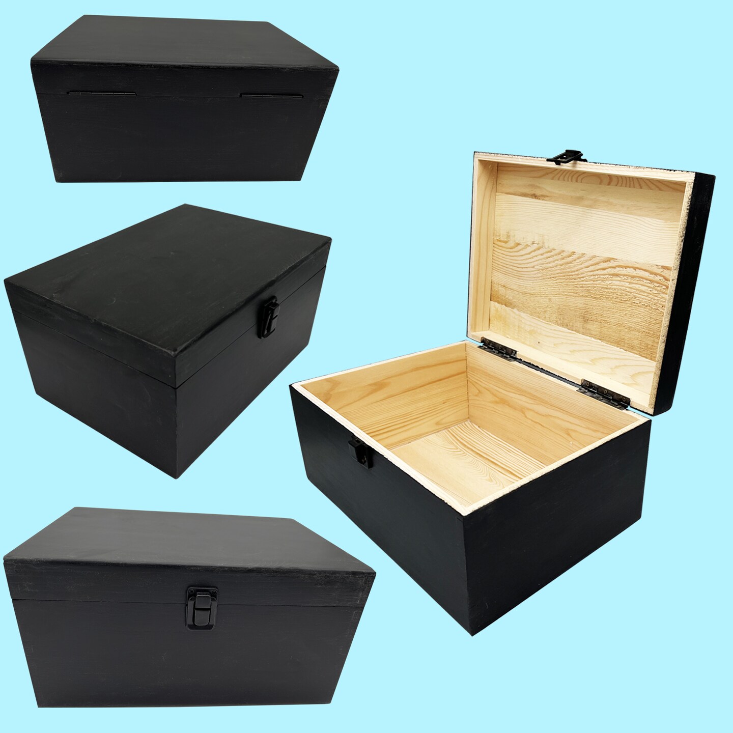BLACK Large Rectangle Unfinished Pine Wood Box Natural DIY Craft Stash Boxes with Hinged Lid and Front Clasp for Arts, Hobbies, and Home Storage  - 10.62&#x22; x 7.87&#x22; x 5.51&#x22; in Inches