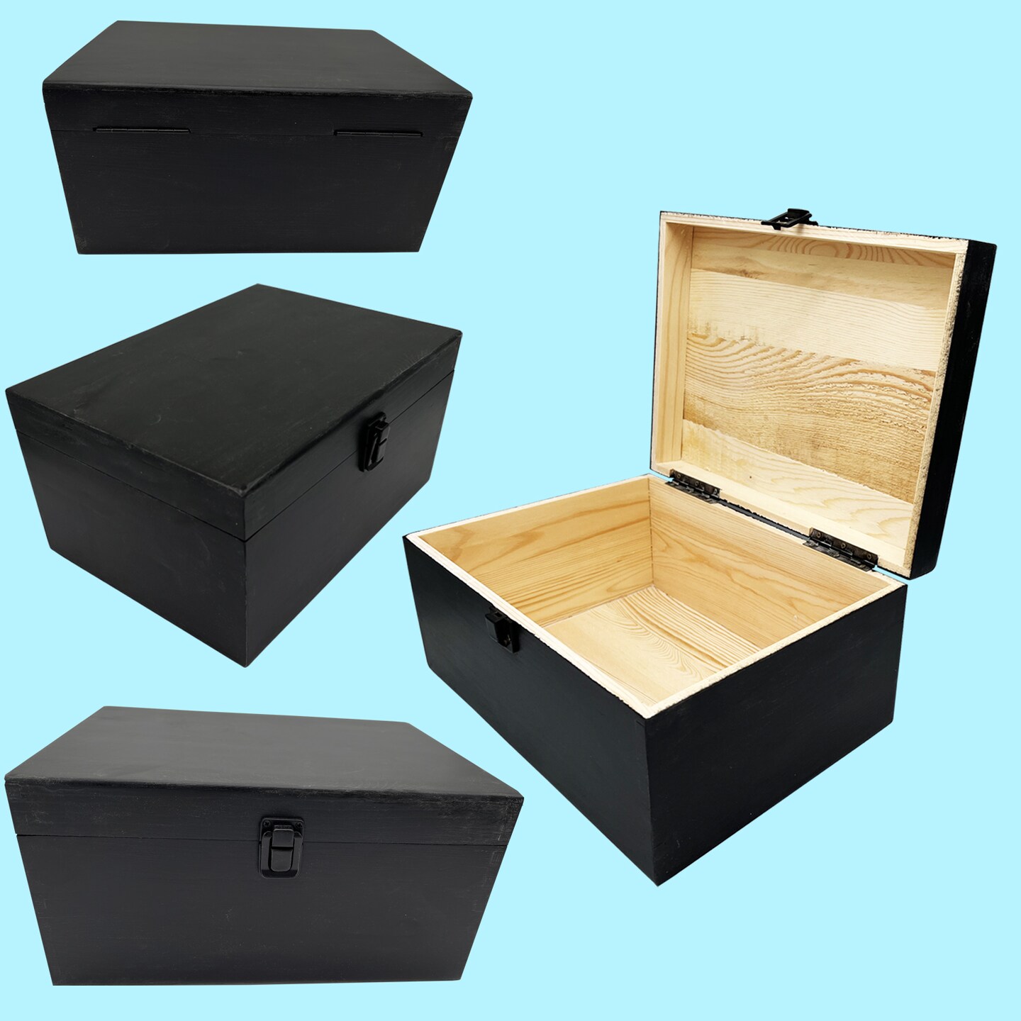 BLACK Large Rectangle Unfinished Pine Wood Box Natural DIY Craft Stash Boxes with Hinged Lid and Front Clasp for Arts, Hobbies, and Home Storage - 10.62" x 7.87" x 5.51" in Inches