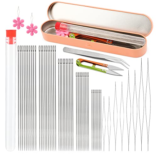 58 Pieces Beading Needles Set,50 Pieces Long Straight Beading Thread Needles, 8 Pcs Big Eye Beading Needles with Threader, Needle Bottle, Yarn Scissors,Tweezers for Bracelets and Jewelry Making