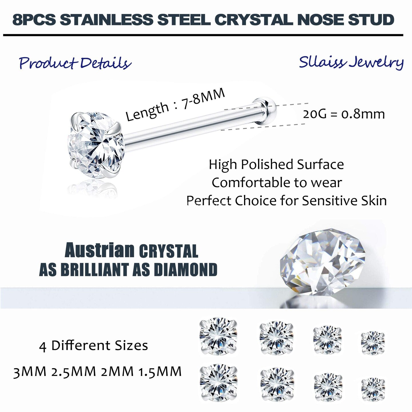 8 Pieces 20G Nose Ring Studs Made with Austrian Crystal for Women Stainless Steel 1.5mm 2mm 2.5mm 3mm Nose Piercings Set Body Jewelry Hypoallergenic