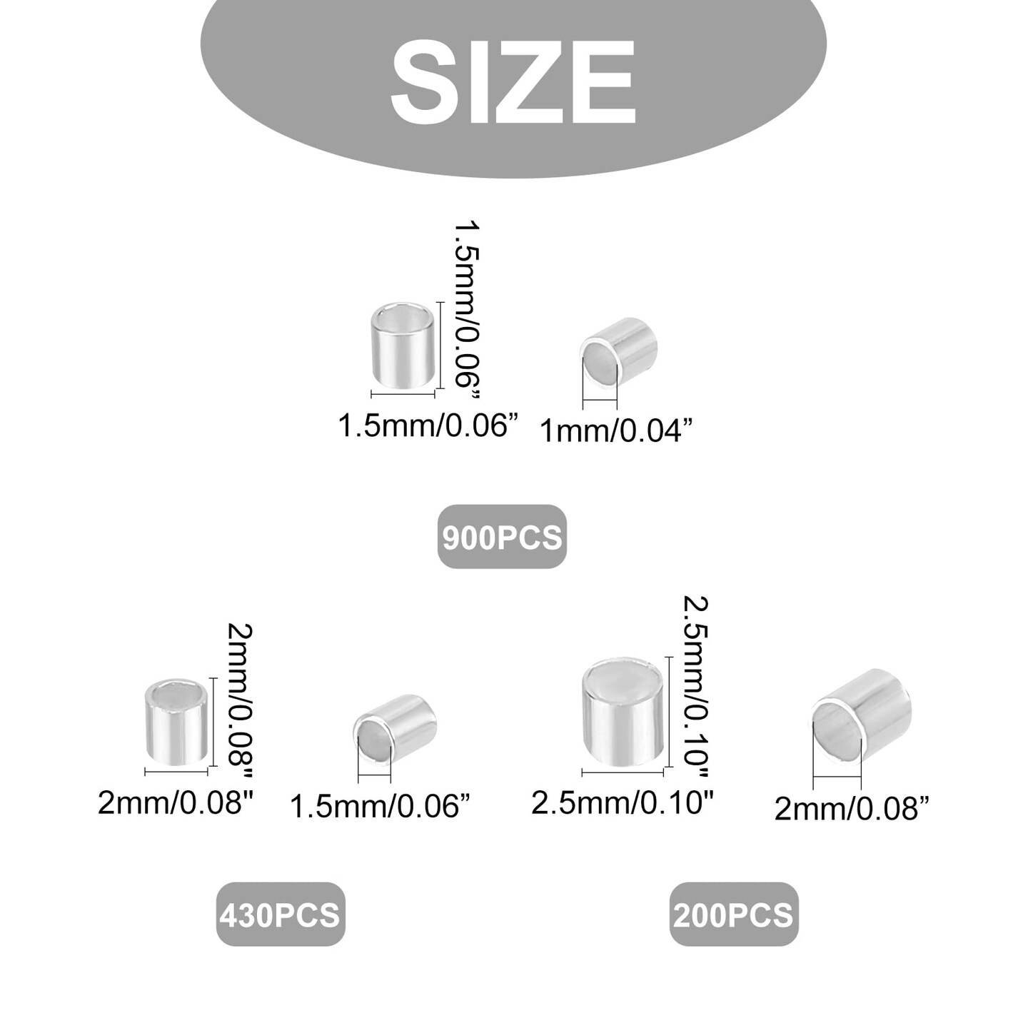 3000 Pieces Crimp Tube Beads, 1.5mm 2mm 2.5mm Brass Tube Crimp End Spacer Beads Cord End Caps Loose Stopper Beads for Earring Necklace Pendant DIY Jewelry Gift Making, Silver