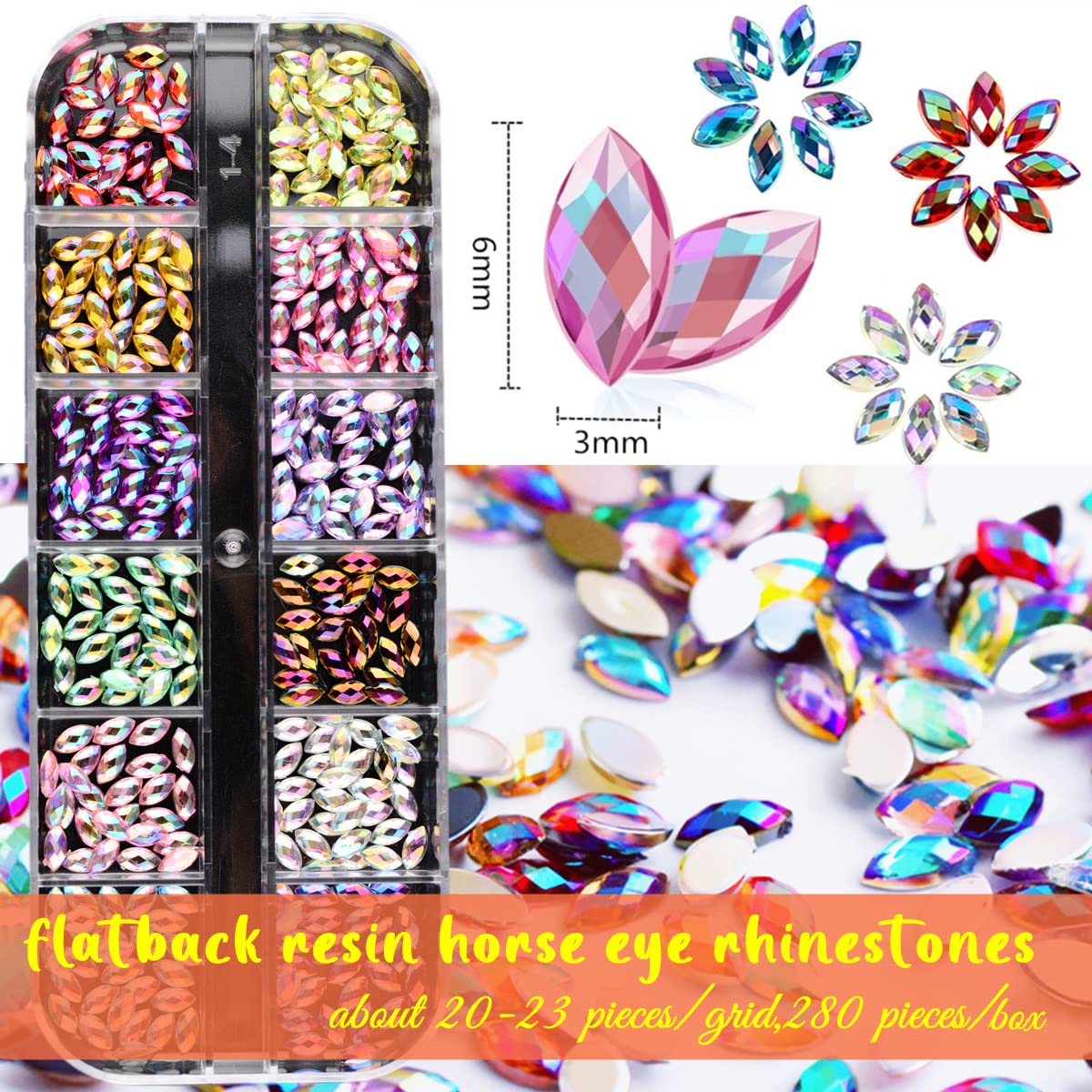 5000 Pieces (5 Boxes) Shiny Colorful Nail Art Rhinestones Nail Stone Gems Design Kit and 4 sheets flower nail art stickers with a Curved Tweezers and a Nail Brush (multicolor)