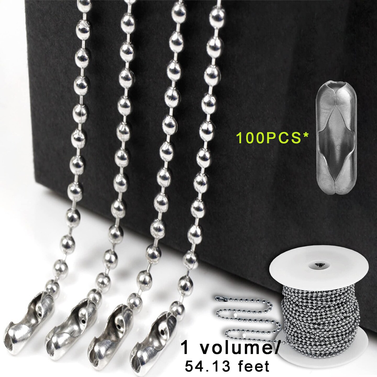 55 FT Stainless Steel Ball Chain, Necklace Chain Ball Bead, Bead Chain Ball Chain Bulk Bead Chain with 100 Pcs Matching Connectors Clasps for Necklace Hanging, Dog Tag, DIY Crafts, 2.0mm Diameter