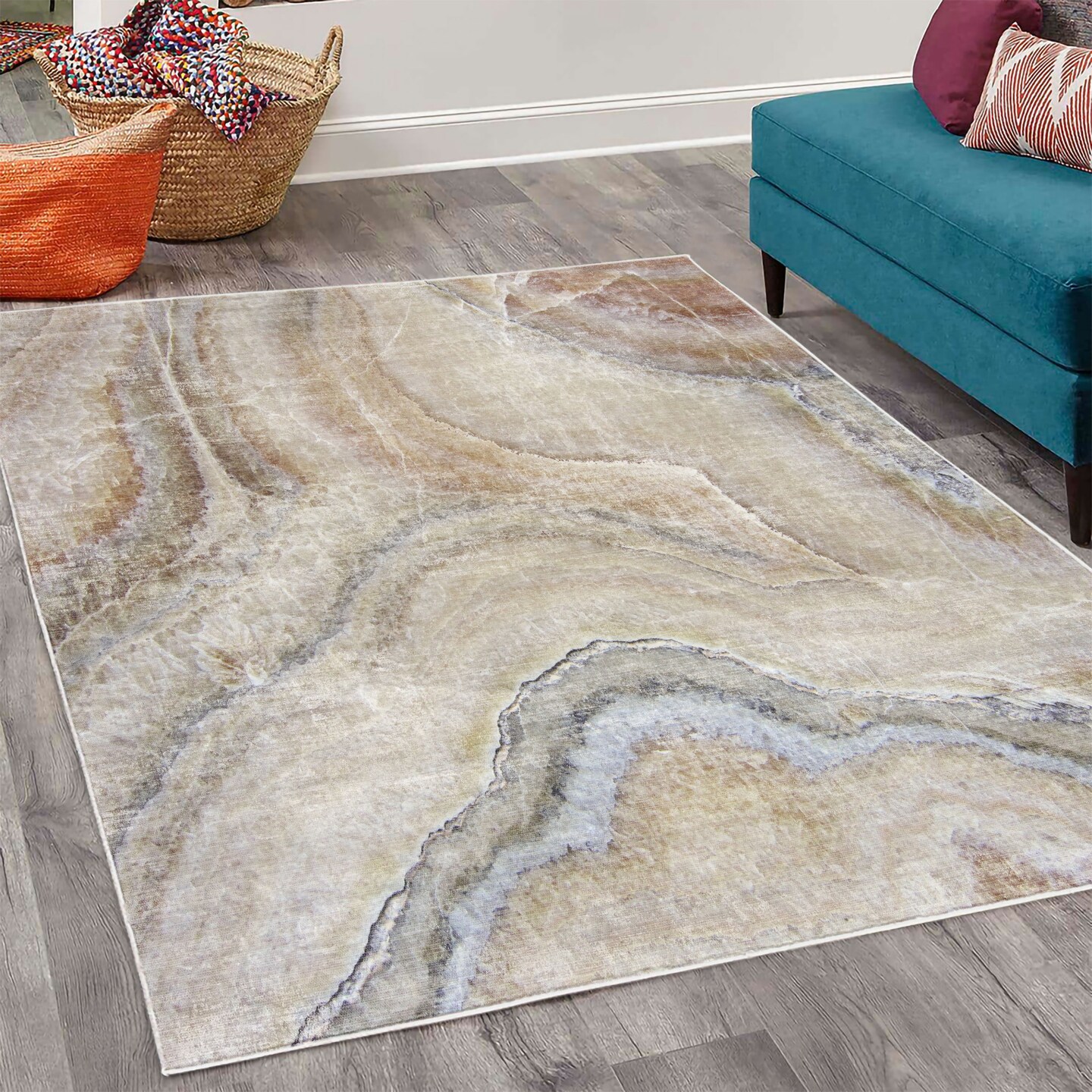 Ambesonne Marble Print Decorative Rug, Surreal Onyx Stone Surface Pattern Pale Blue Details Picturesque Art, Quality Carpet for Bedroom Dorm and Living Room, Cinnamon Beige Tan