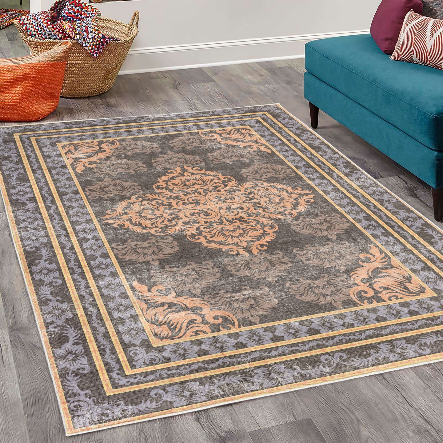 Ambesonne Damask Decorative Rug, Curlicue Design Traditional Flourishes in Retro Themed Flowers Artwork, Quality Carpet for Bedroom Dorm and Living Room, Mauve Peach and Grey