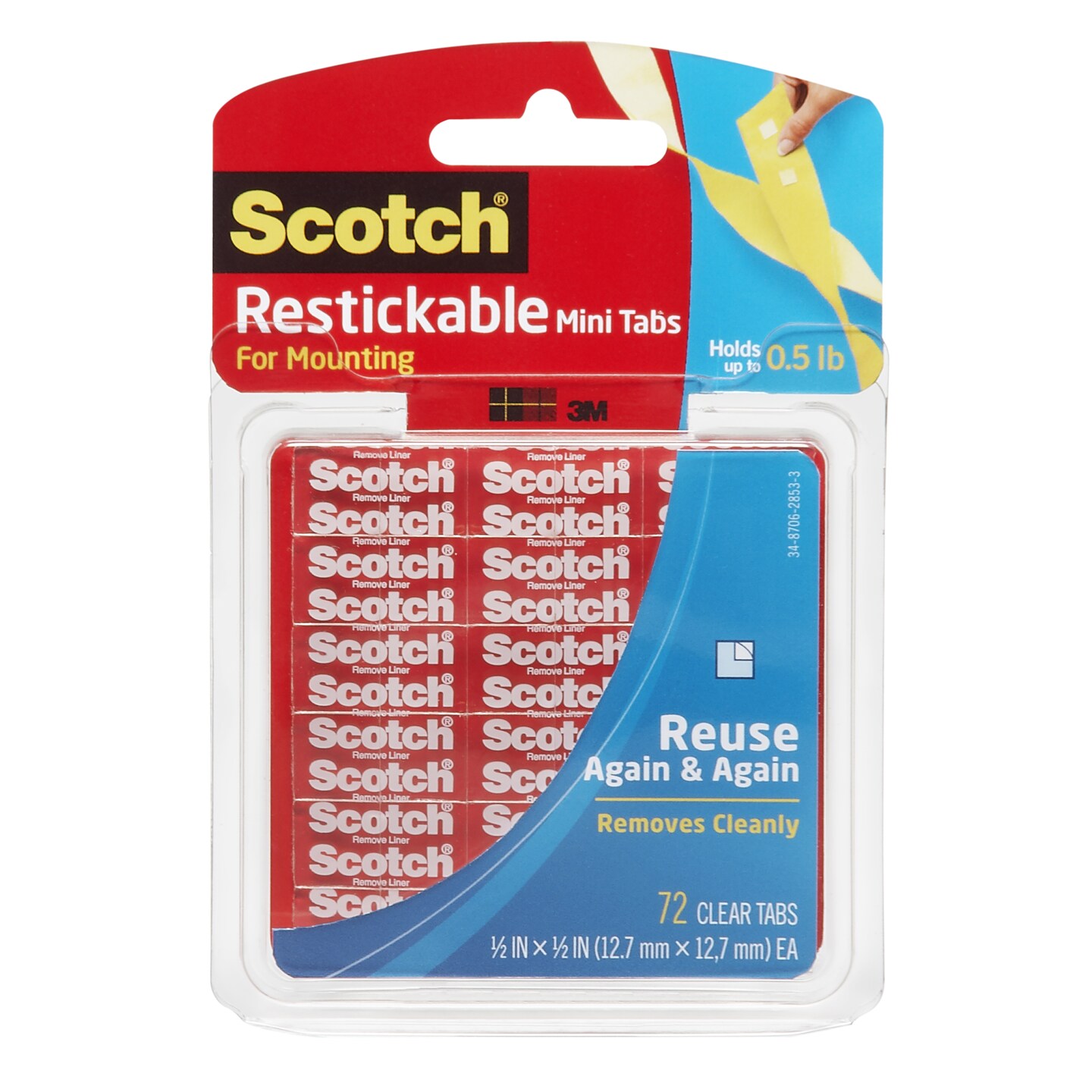 3M Scotch Reusable Mounting Tabs, .5&#x22; x .5&#x22;, 72/Pkg.