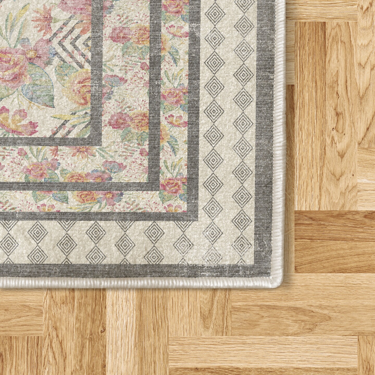Ambesonne Modern Decorative Rug, Tropical Look Wild Roses and Geometric Rhombuses Floral Concept Artwork, Quality Carpet for Bedroom Dorm and Living Room, Grey and Multicolor