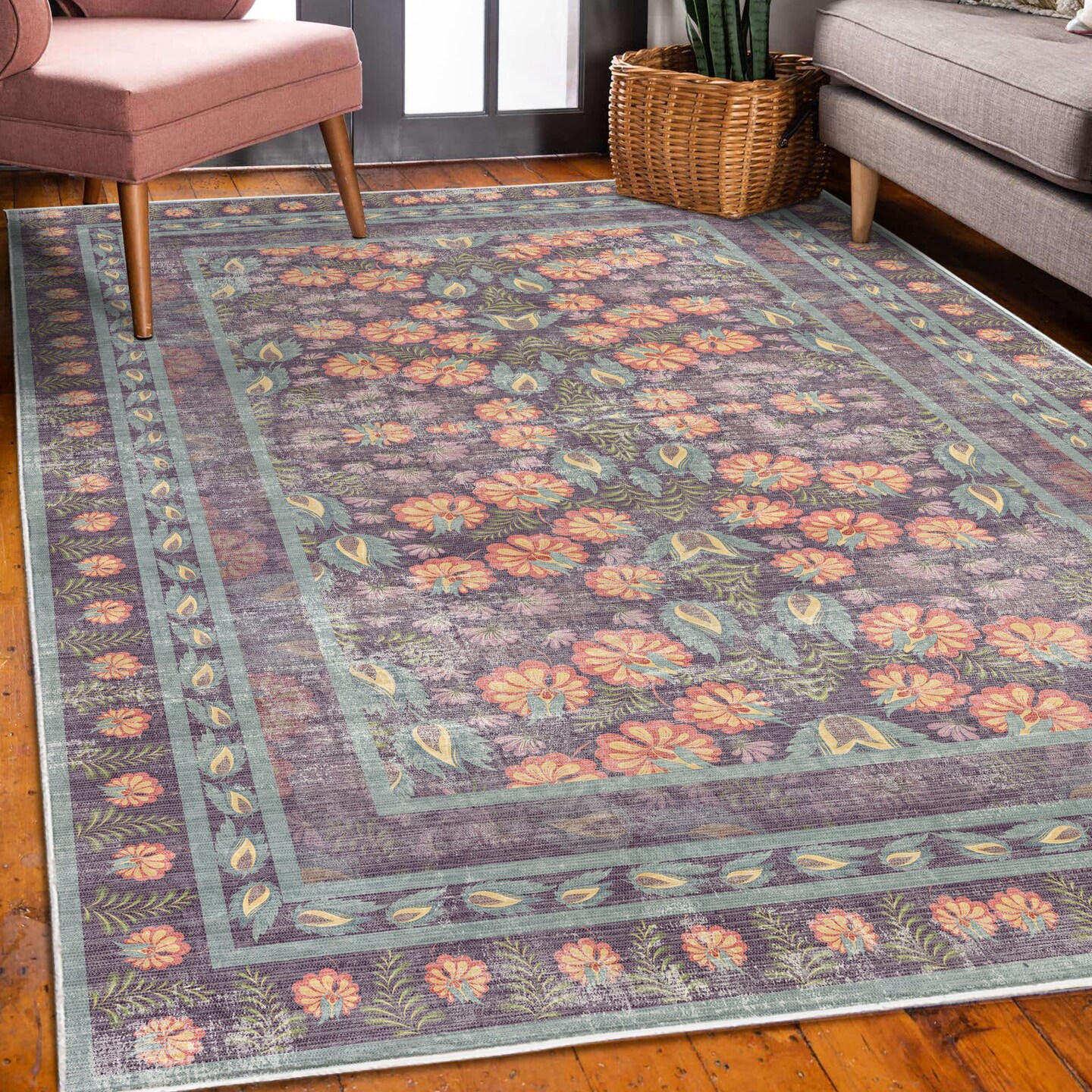 Ambesonne Folk Art Decorative Rug, Bohemian Themed Peachy Ethnic Flowers and Traditional Botanical Details, Quality Carpet for Bedroom Dorm and Living Room, Plum and Blue Grey