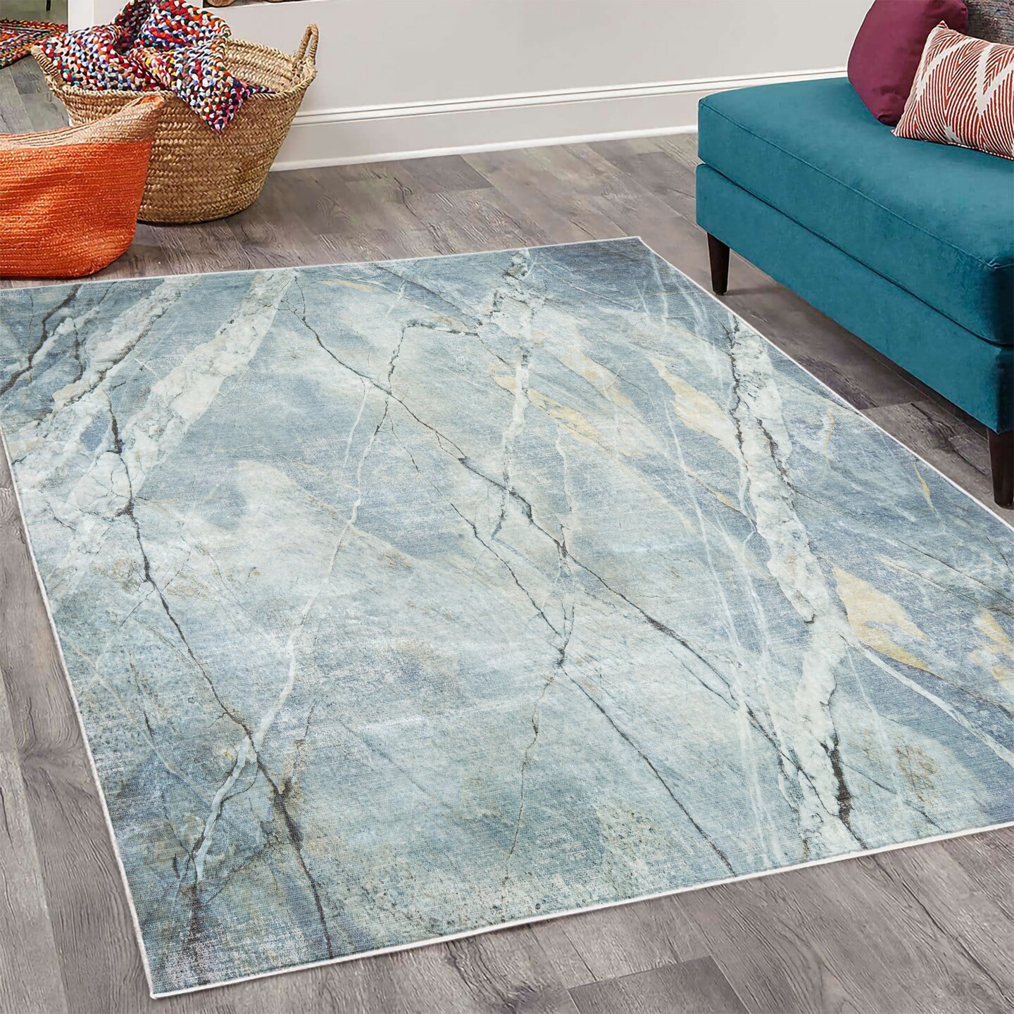 Ambesonne Marble Print Decorative Rug, Exquisite Granite Stone Architecture Floor Nature Faded Rock Picture Art, Quality Carpet for Bedroom Dorm and Living Room, Pale Blue Grey