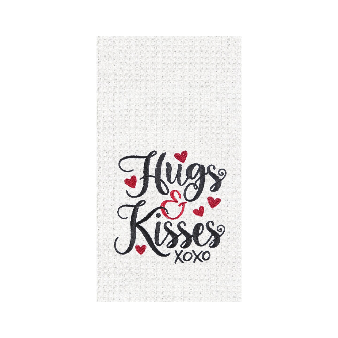 "Hugs & Kisses" XOXO Embroidered 100% Cotton Waffle Weave Valentine's Day Dishtowel