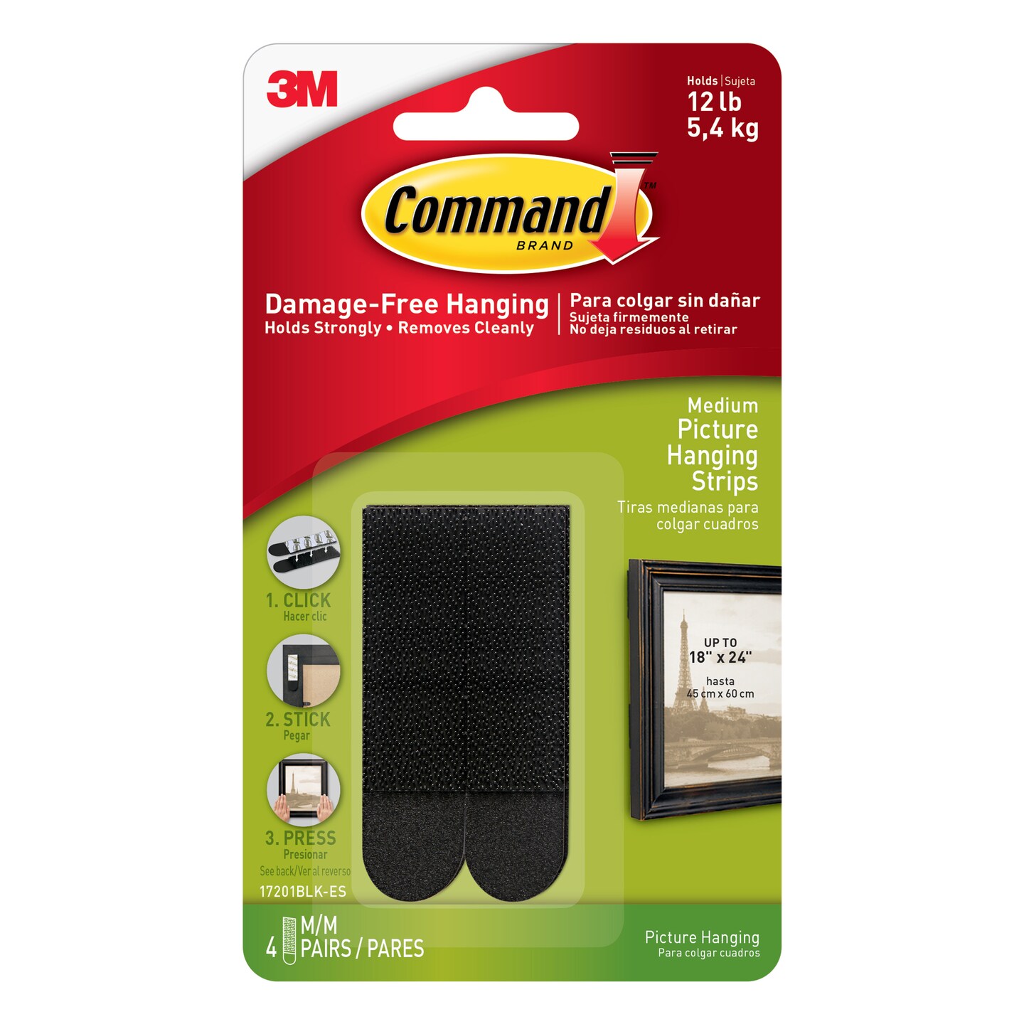 3M Command Picture Hanging Strips, Medium, Black, 6/Pkg.
