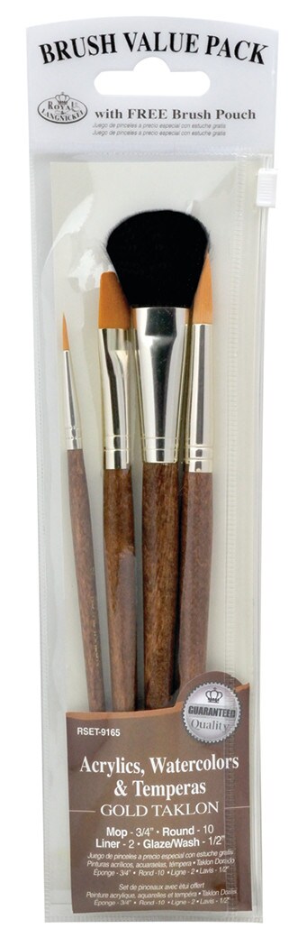 Royal Brush Zip N&#x27; Close 4-Brush Set, Golden Taklon, Mop